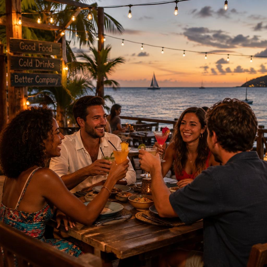 Vrienden samen uit eten aan zee op Curaçao